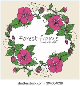 Colored hand-drawn vector vintage  frame. Forest or garden herbs, flowers, leaves, branches, flourishes, swirl. Element for design.  Oval, round, circle form.  Black, white,  dark green, purple colors