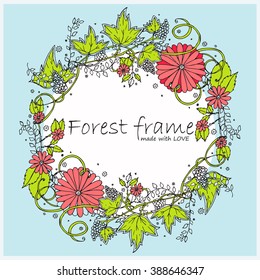 Colored hand-drawn vector vintage oval frame. Forest or garden herbs, flowers, leaves, branches, flourishes, swirls. Element for sweet wedding, birthday design.  Black, white, rose, blue, green colors