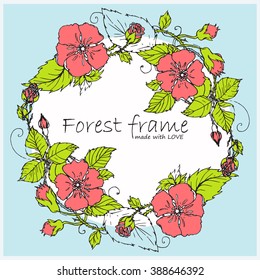Colored hand-drawn vector vintage oval frame. Forest or garden herbs, flowers, leaves, branches, flourishes, swirls. Element for sweet wedding, birthday design.  Black, white, rose, blue, green colors