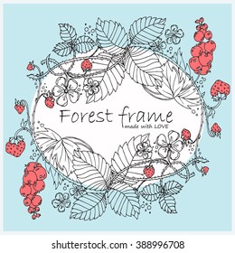 Colored hand-drawn vector vintage tender frame. Forest or garden herbs, flowers, leaves, branches, flourishes, swirls. Element for sweet wedding, birthday  design.  Black, white, rose, blue colors