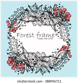 Colored hand-drawn vector vintage tender frame. Forest or garden herbs, flowers, leaves, branches, flourishes, swirls. Element for sweet wedding, birthday  design.  Black, white, rose, blue colors