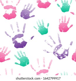 Colored handprints on a white background. Vector.