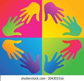 colored hands in a circle, Pop art style - social games - mutual aid - various characters - cooperation and integration - hand Gestures