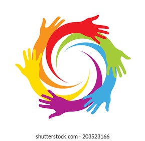 colored hands in a circle - social games - mutual aid - various characters - cooperation and integration - hand Gestures