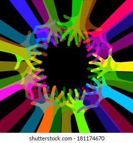 colored hands in a circle. Vector 