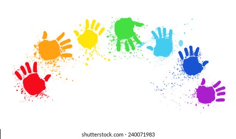 colored hands create rainbow, hands rainbow, colored hand print,