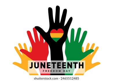 Colored hands with hearts in the colors of the Juneteenth flag. Juneteenth Freedom Day banner. Black History Month. Celebrating racial equality, freedom and human rights. Vector