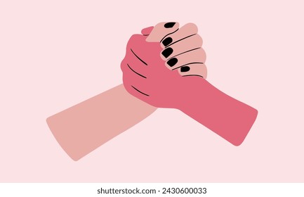 Colored hands hold each other. Handshake of business partners. Team work, partnership, friendship, friends, spirit hands gesture sketch concept. Isolated on pink background. Vector illustration