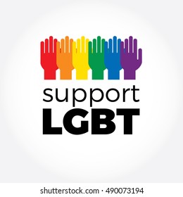 Colored hands, LGBT support symbol with lettering in rainbow colors. Icons, logo template. Modern flat vector illustration stylish design element