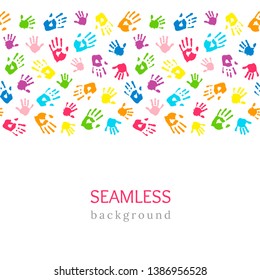 Colored hands on white. Seamless horizontal border made of handprints. Endless colorful background. Vector illustration