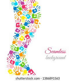 Colored hands on white. Wavy stripe made of handprints. Seamless border. Endless colorful background. Vector illustration