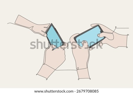 Colored hands playing competitive mobile games. Co‑op game concept one-line drawing