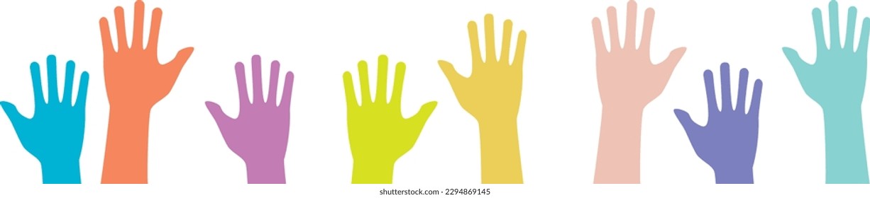 Manos coloreadas levantadas aisladas sobre un fondo blanco. Ilustración de material vectorial.
