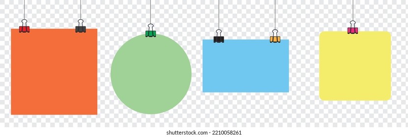 Colored Hanging Paper Sheets With Blinder Clip, Vector Set. Empty White Photo Frame Mockup: Poster, Banner, Square. Realistic Picture Hanging. Concept Art Gallery Canvas Portfolio. 