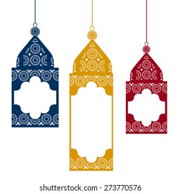 Colored hanging traditional arabic lamps. Vector illustration.