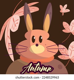 Colored happy autumn concept poster Happy cute bunny with scarf Vector