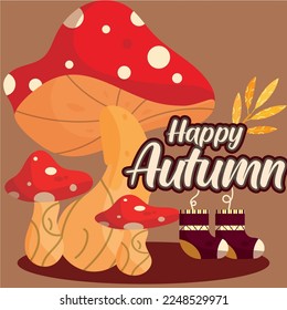 Colored happy autumn concept poster Group of winter mushrooms Vector