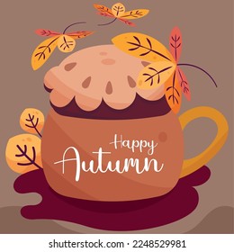 Colored happy autumn concept poster Isolated hot drink with leaves Vector