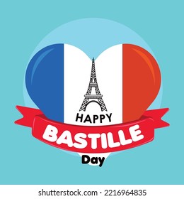 Colored happy bastille day poster Heart shape with famous landmark Vector