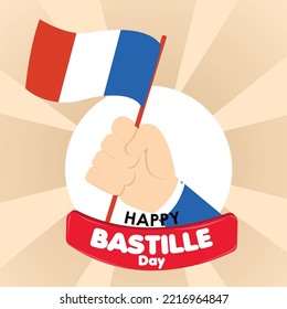 Colored happy bastille day poster with hand holding flag of France Vector