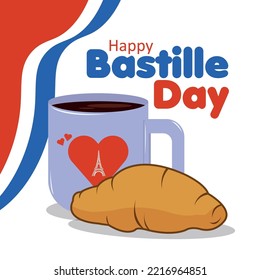 Colored happy bastille day poster with coffee and croissant Vector