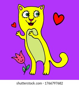 colored happy cat with heart vector illustration print