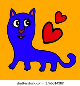 colored happy cat with heart vector illustration print