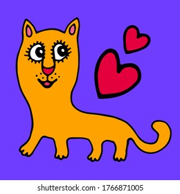 colored happy cat with heart vector illustration print