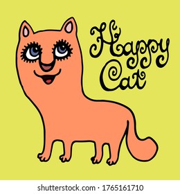 colored happy cat vector illustration print with text