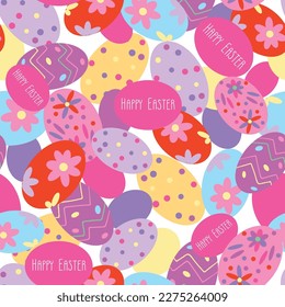 Colored Happy Easter decorated eggs background pattern. Vector pattern.