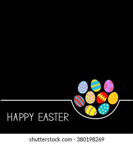 Colored Happy Easter egg set White line Black background Flat design Vector illustration 