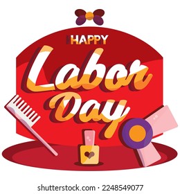 Colored happy labor day poster with barbershop tools Vector