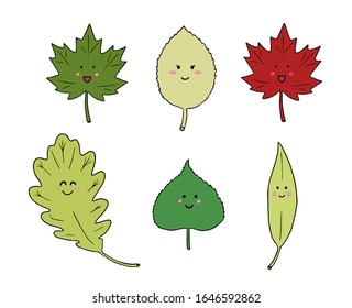 Colored Happy Leaf Sticker Set - Vector Illustrations