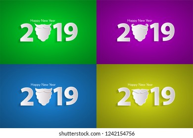 Colored Happy New Year 2019 concept with Santa's beard pack 4 in 1. Vector illustration