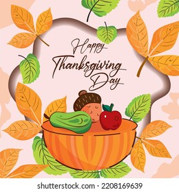 Colored happy thanksgiving day with autumn fruits and pumpkin Vector