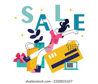 Colored happy woman doing shopping online at big sales. Process of buying goods via Internet. Electronic commerce and digital environment. Vector illustration