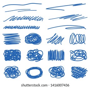 Colored hatching shapes with array of lines. Abstract underlines on white. Wavy samples. Hand drawn tangled patterns. Colorful illustration. Sketchy elements for design