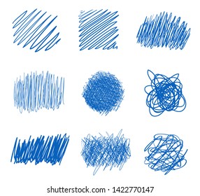 Colored hatching shapes with array of lines on white. Wavy samples. Hand drawn tangled patterns. Colorful illustration. Sketchy elements for design