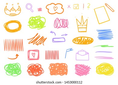 Colored hatching shapes with array of lines on white. Wavy samples. Hand drawn abstract signs. Colorful illustration. Sketchy elements for design