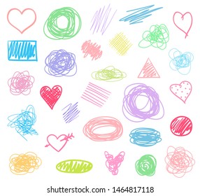 Colored hatching shapes with array of lines on white. Wavy samples. Hand drawn abstract signs. Colorful illustration. Sketchy elements for design