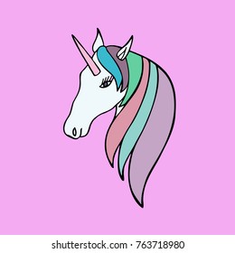 Colored head of a beautiful unicorn. Illustration isolated on pink background.