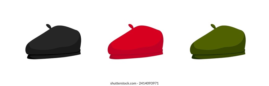 Colored head berets set. Stylish red hats with retro green design for artists and creative people with french and scottish retro black traditional vector style