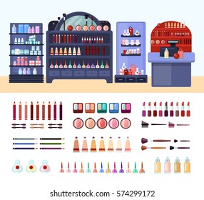 Colored health and beauty store composition with isolated beauty and makeup icon set and shelves with products vector illustration