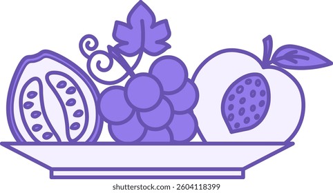 Colored Healthy Food Icons. Vector Illustration. Fruits on the Plate. Guava, Grape, and Peach. Healthy Lifestyle. Nutrition Concept