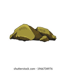 Colored heap of rocks in engraving vintage style, vector illustration isolated on white background. Mountain rocks and stones, boulders in hand drawn style.