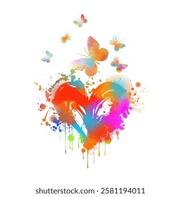 colored Heart with Butterflies. Happy Valentine's Day Card. hand drawn. Not AI, Vector illustration