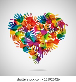 Colored Heart From Hand Print Icons, Vector Illustration