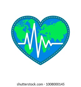 Colored heart with heartbeat icon. Vector illustration. Heart sign with world map in flat design.