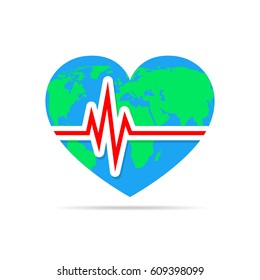 Colored heart with heartbeat icon. Vector illustration. Heart sign with world map in flat design.