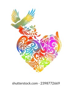 Colored heart made of patterns with a bird. hand drawing. Heart with wings. Not AI. sstkLOVE . Happy Valentine's Day. Vector illustration